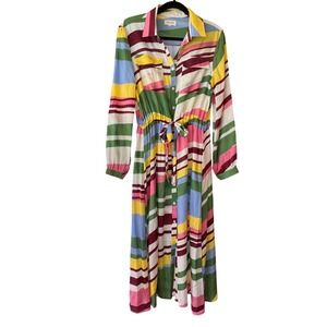 Joyce & Girls Multi Color Striped Maxi Shirtdress Long Sleeve Button Front M